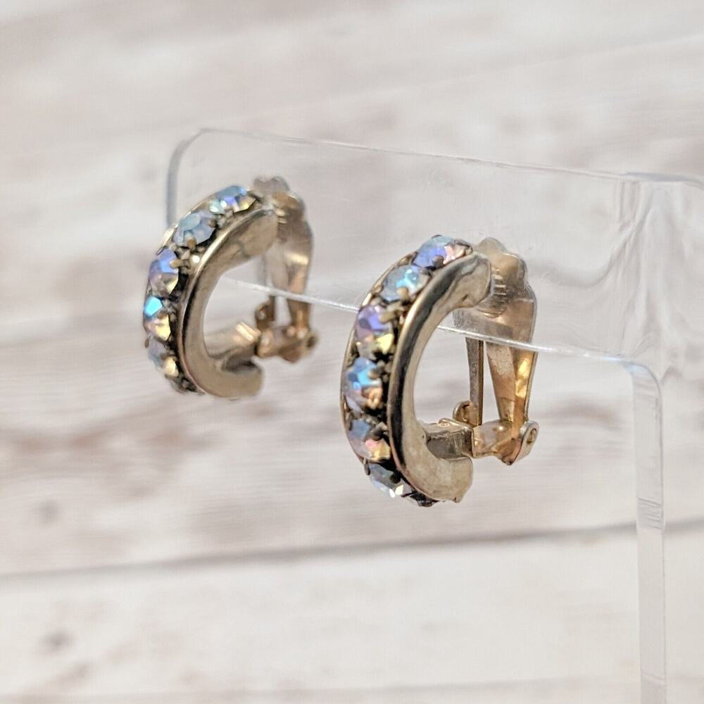 Vintage Clip On Earrings - Half Hoops Iridescent Gems 7/8"